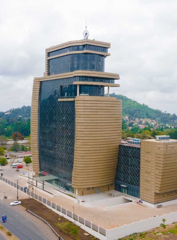 an aerial view of a large building in a city