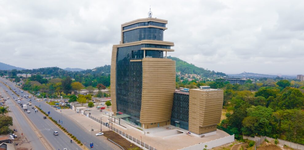 an aerial view of a large building in a city